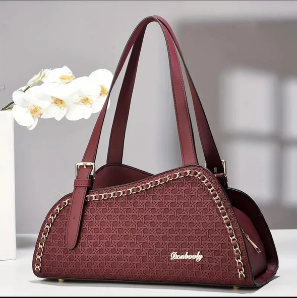 Kadın Bordo Lüks Dokuma Izgara Omuz ve El Çantası