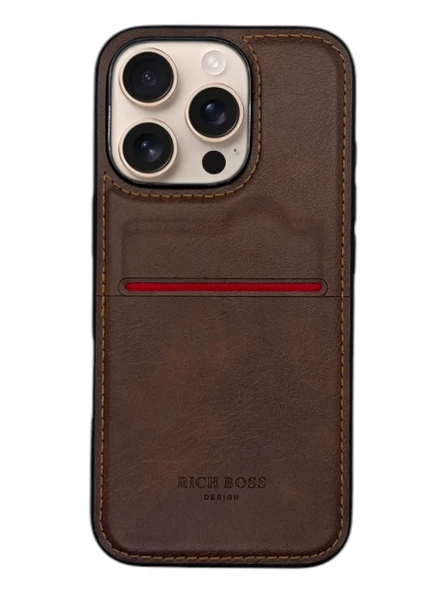 Apple iPhone 16 Pro Max Kartlıklı Rich Boss Deri Kılıf Koyu Kahverengi