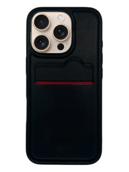 Apple iPhone 16 Pro Max Kartlıklı Rich Boss Deri Kılıf Siyah