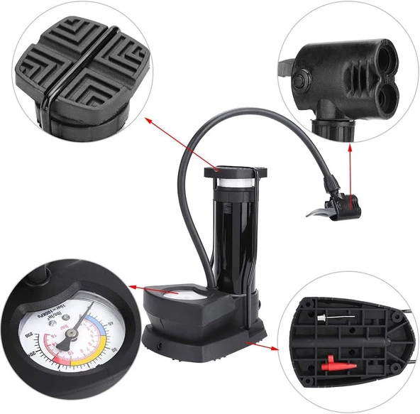 Mini Bisiklet Pompası Göstergeli Taşınabilir Ayak Pompası Motorsiklet Ve Araç Pompası - 6