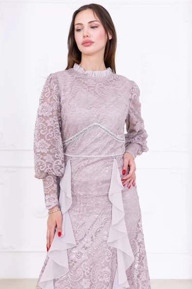 Fırfır Ve Taş Detaylı Dantel Abiye Elbise 2757-Bej - Resim 6