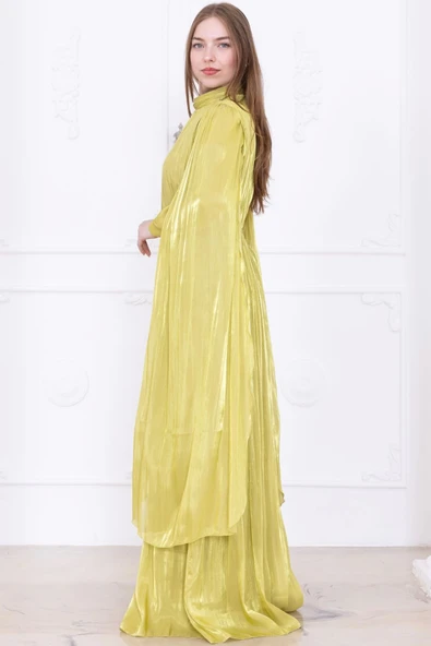 Taş ve Pelerin Detaylı Abiye Elbise 2753-Olive - 6