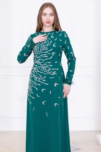 Taş Desenli ve Tüylü Kol Detaylı Abiye Elbise 2747-Zümrüt Yeşili - Resim 2