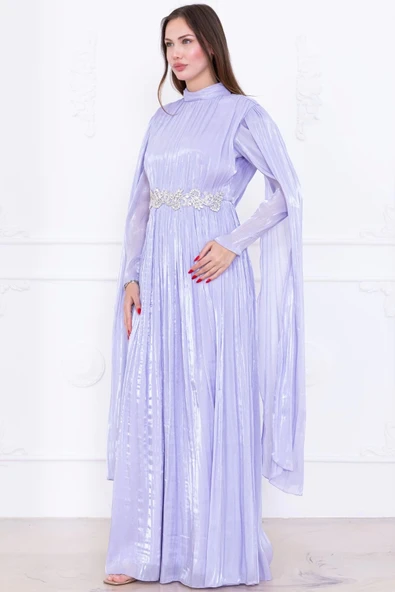 Taş ve Pelerin Detaylı Abiye Elbise 2753-Lila - 6