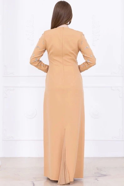 Taş Desenli ve Tüylü Kol Detaylı Abiye Elbise 2747-Camel - Resim 6