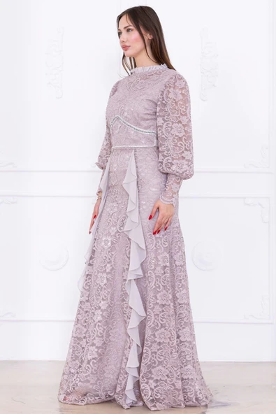 Fırfır Ve Taş Detaylı Dantel Abiye Elbise 2757-Bej - Resim 7