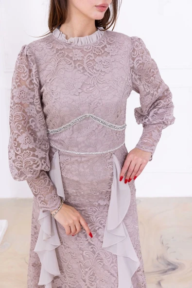 Fırfır Ve Taş Detaylı Dantel Abiye Elbise 2757-Bej - Resim 5