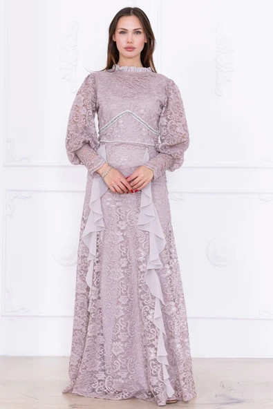 Fırfır Ve Taş Detaylı Dantel Abiye Elbise 2757-Bej ürün görseli