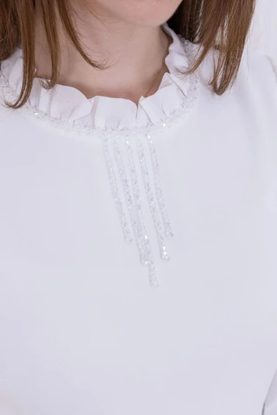 Yaka İşlemeli Taşlı Kol ve Kemer Detaylı Kat Kat Abiye Elbise 2756-Beyaz - Resim 5