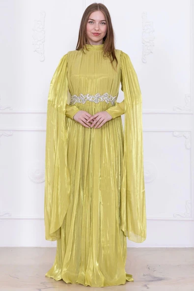 Taş ve Pelerin Detaylı Abiye Elbise 2753-Olive