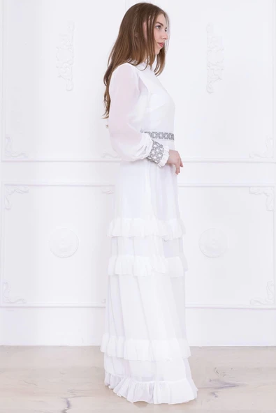 Yaka İşlemeli Taşlı Kol ve Kemer Detaylı Kat Kat Abiye Elbise 2756-Beyaz - Resim 6