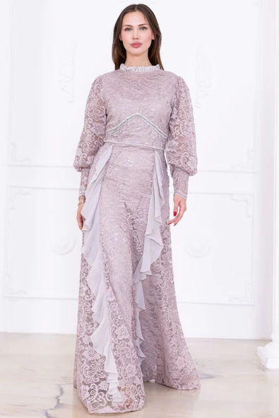 Fırfır Ve Taş Detaylı Dantel Abiye Elbise 2757-Bej - Resim 3