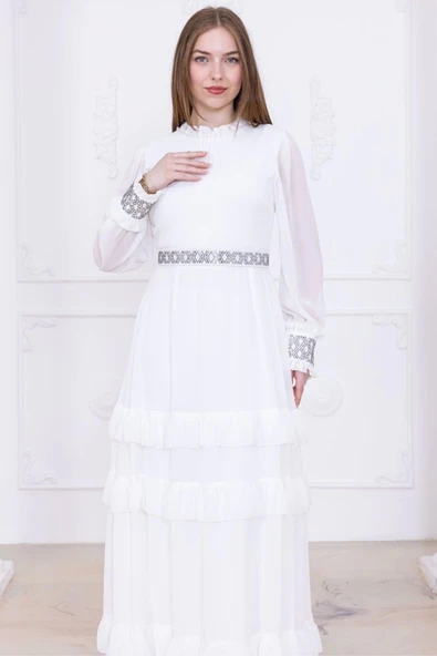 Yaka İşlemeli Taşlı Kol ve Kemer Detaylı Kat Kat Abiye Elbise 2756-Beyaz - Resim 2