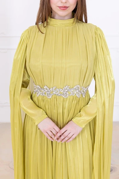Taş ve Pelerin Detaylı Abiye Elbise 2753-Olive - 4