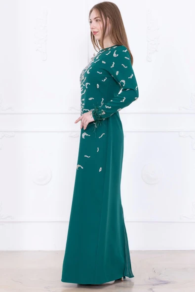 Taş Desenli ve Tüylü Kol Detaylı Abiye Elbise 2747-Zümrüt Yeşili - Resim 6