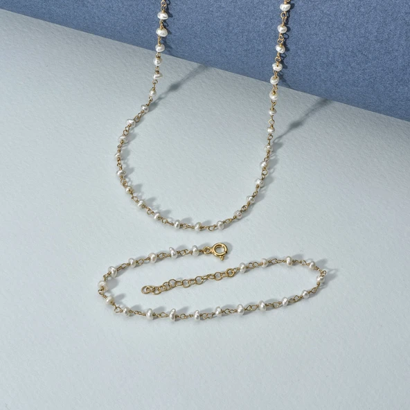 14 Ayar Altın Kaplama Minimal İncili El Yapımı Gümüş Kolye - CNS00628 - Resim 4