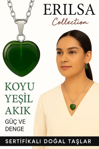 Sertifikalı Kalp Model Koyu Yeşil Akik Taşı Kolye – Denge, Koruma ve Ruhsal Güç Sembolü ürün görseli