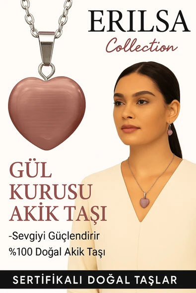 Sertifikalı Kalp Model Gül Kurusu Akik Taşı Kolye – Duygusal Huzur ve İçsel Güç Kaynağı ürün görseli
