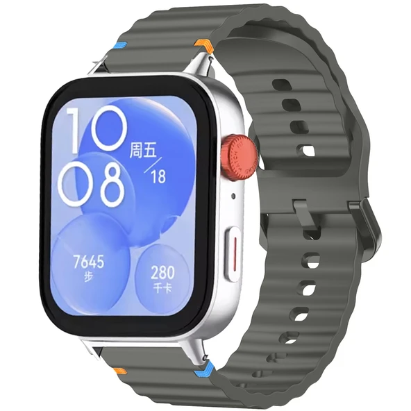 Huawei Watch Fit 3 İle Uyumlu Dalga Desenli Tokalı Yumusaş Soft Silikon Kordon  Koyu Gri