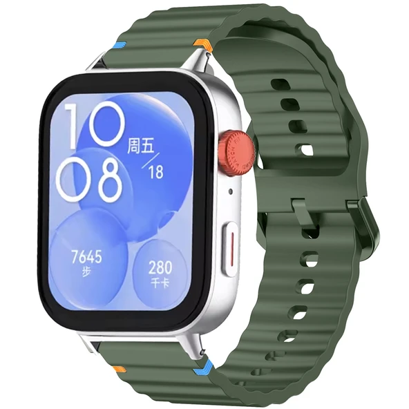 Huawei Watch Fit 3 İle Uyumlu Dalga Desenli Tokalı Yumusaş Soft Silikon Kordon  Haki