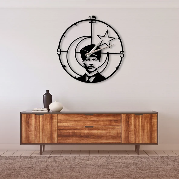 Atatürk Temalı Metal Duvar Saati - 40 cm Statik Boyalı Dekoratif Saat - 3