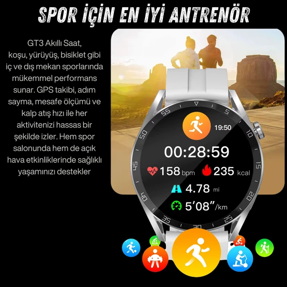 Watch GT3 PRO Gümüş Erkek Akıllı Saat, Klasik AMOLED Sesli Görüşme,NFC Android iPhone Huawei Uyumlu 8 9 10 - 8