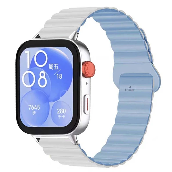 Huawei Watch Fit 3 İle Uyumlu Duo Baklalı Magnetik Silikon Kordon Beyaz - Mavi