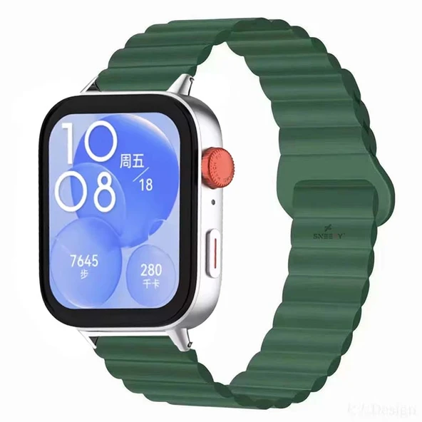 Huawei Watch Fit 3 İle Uyumlu Duo Baklalı Magnetik Silikon Kordon  Koyu Yeşil