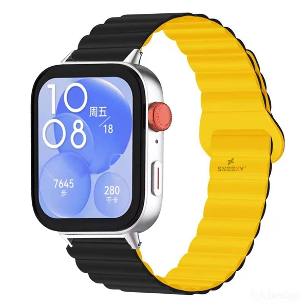 Huawei Watch Fit 3 İle Uyumlu Duo Baklalı Magnetik Silikon Kordon  Siyah - Sarı