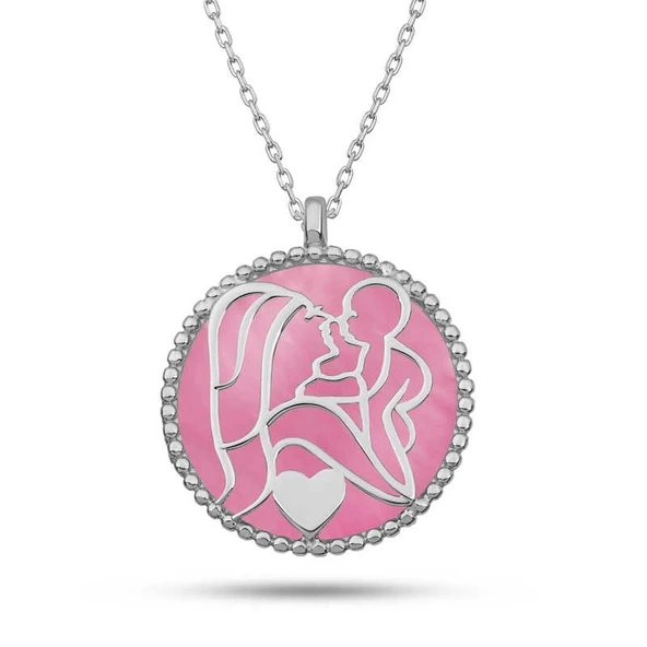Gümüş Pembe Sedef Taşlı Anne Çocuk Sevgisi Kolye