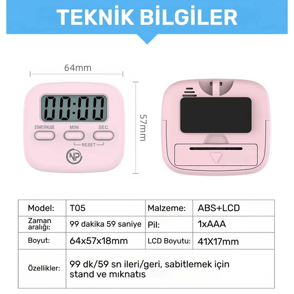 NPO NPT05P Mutfak,Ders,Yemek için 60dk Dijital Alarm Kronometre,Pomodoro Öğrenci Motivasyon Saati - 7