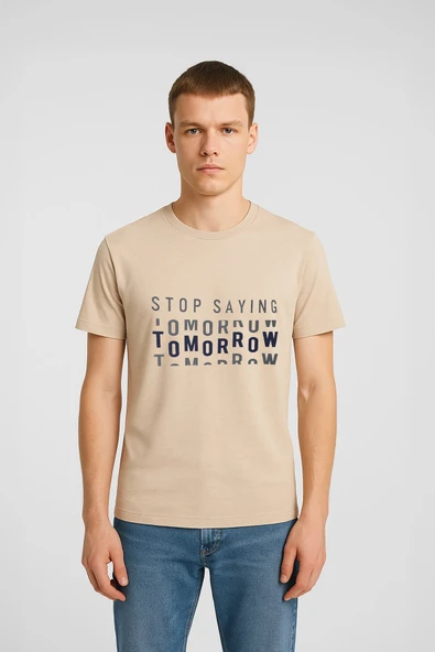 Erkek Rahat Kesim Bisiklet Yaka Yazı Baskılı T-shirt - 4