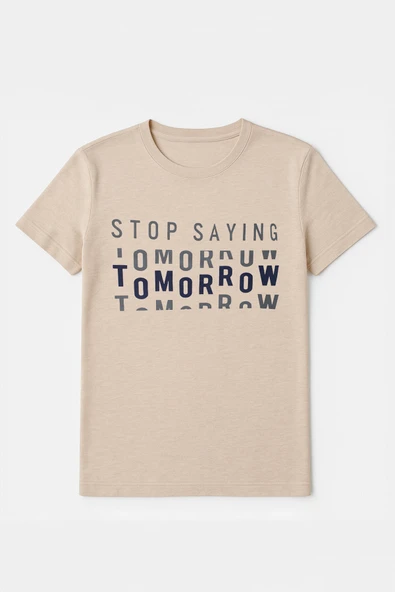 Erkek Rahat Kesim Bisiklet Yaka Yazı Baskılı T-shirt - 6