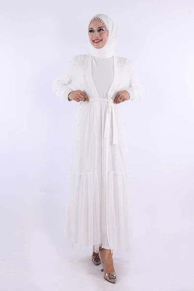 İncili Abaya Ve Elbise Takım 8491 Ekru - 1