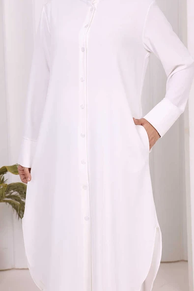 Düğmeli Cepli Tunik ve Pantolon İkili Takım 8682 Ekru - Resim 5