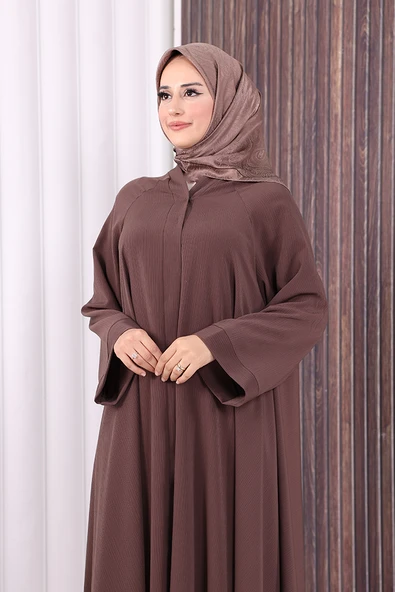 Çıt Çıt Düğme Detaylı Ferace Görünümlü Elbise 70020 Kahverengi - Resim 5