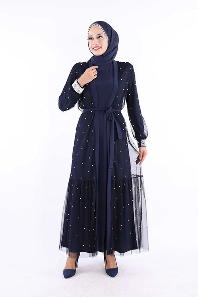 İncili Abaya Ve Elbise Takım 8491 Lacivert - Resim 4