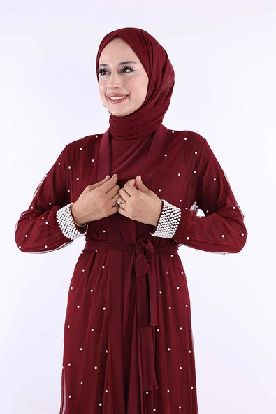 İncili Abaya Ve Elbise Takım 8491 Bordo - 5