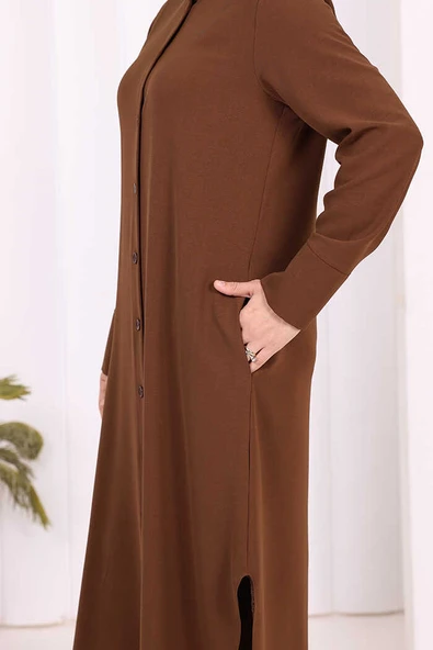 Düğmeli Cepli Tunik ve Pantolon İkili Takım 8682 Kahverengi - Resim 6