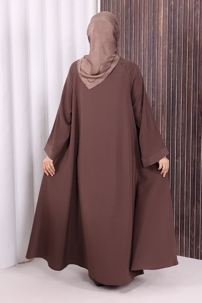 Çıt Çıt Düğme Detaylı Ferace Görünümlü Elbise 70020 Kahverengi - Resim 4