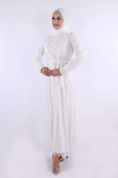İncili Abaya Ve Elbise Takım 8491 Ekru - 3