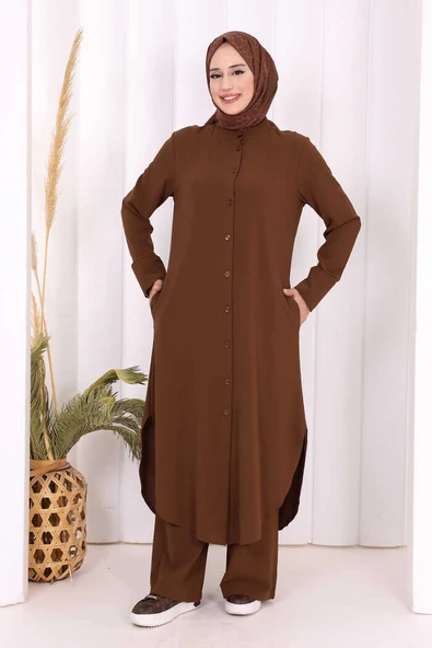 Düğmeli Cepli Tunik ve Pantolon İkili Takım 8682 Kahverengi - Resim 2