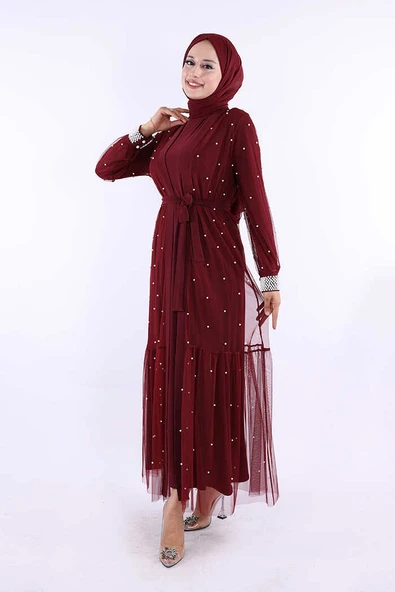 İncili Abaya Ve Elbise Takım 8491 Bordo - 2