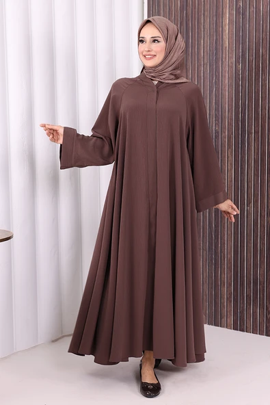 Çıt Çıt Düğme Detaylı Ferace Görünümlü Elbise 70020 Kahverengi - Resim 2