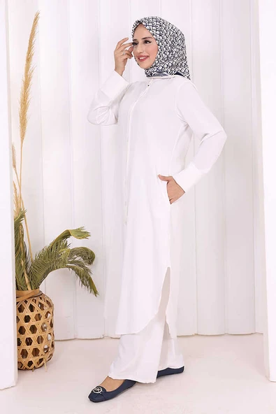 Düğmeli Cepli Tunik ve Pantolon İkili Takım 8682 Ekru - Resim 2