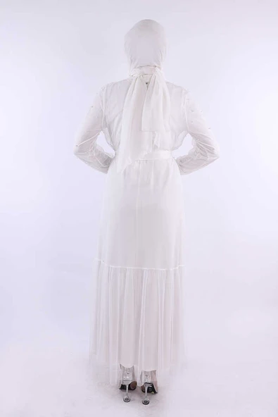 İncili Abaya Ve Elbise Takım 8491 Ekru - 2