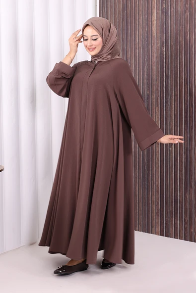 Çıt Çıt Düğme Detaylı Ferace Görünümlü Elbise 70020 Kahverengi - Resim 3