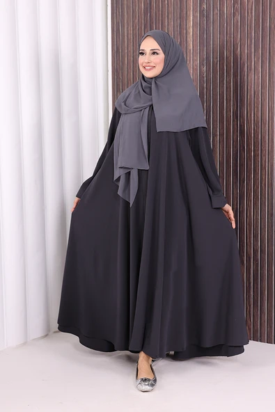 Çıt Çıt Düğme Detaylı Ferace Görünümlü Elbise 70020 Füme ürün görseli