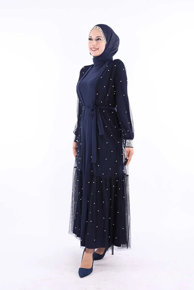 İncili Abaya Ve Elbise Takım 8491 Lacivert - Resim 3