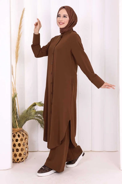 Düğmeli Cepli Tunik ve Pantolon İkili Takım 8682 Kahverengi - Resim 3